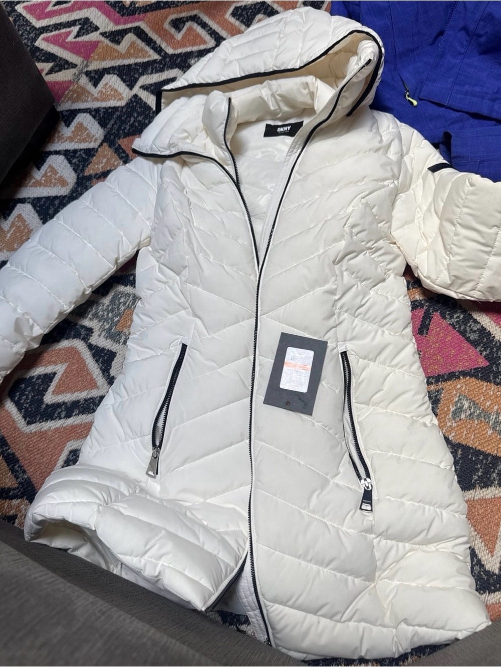 DKNY Ivory Quilted Hooded Puffer Coat XS